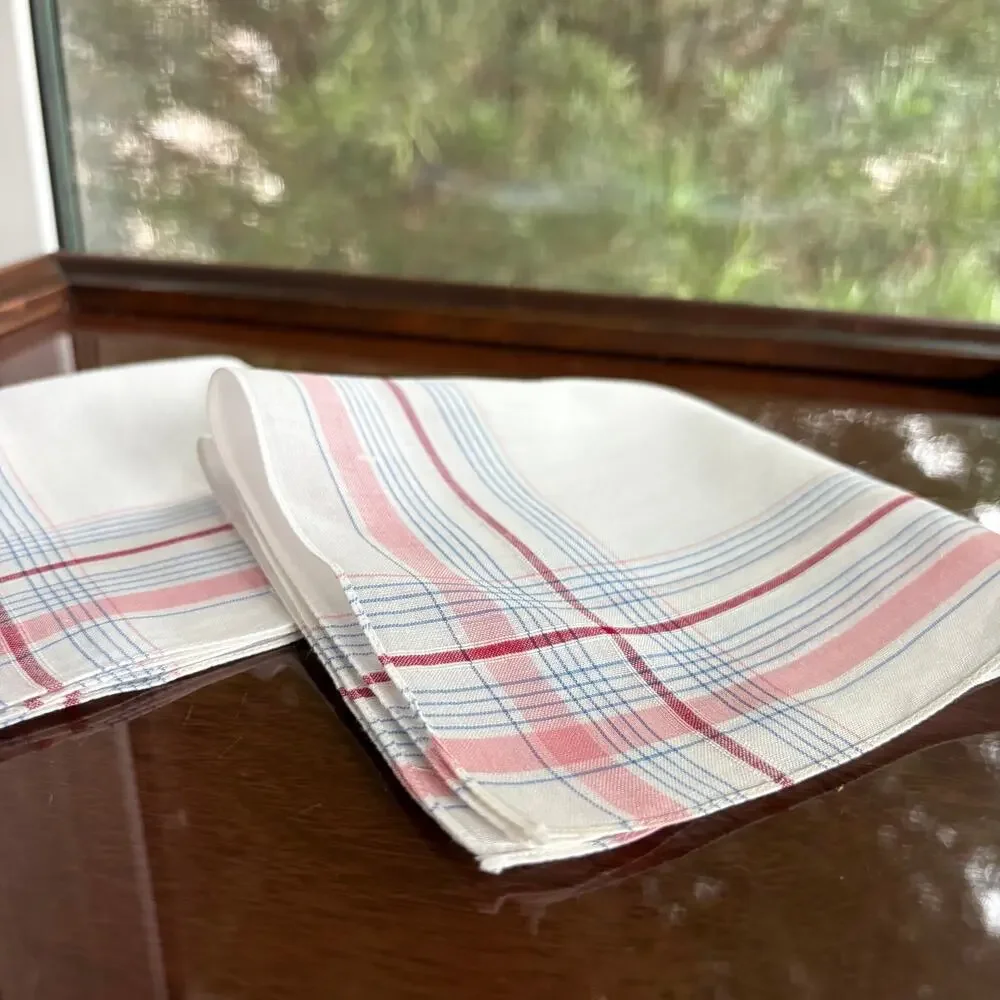Vintage Plaid Cotton Handkerchief Set Pink Blue 11x11